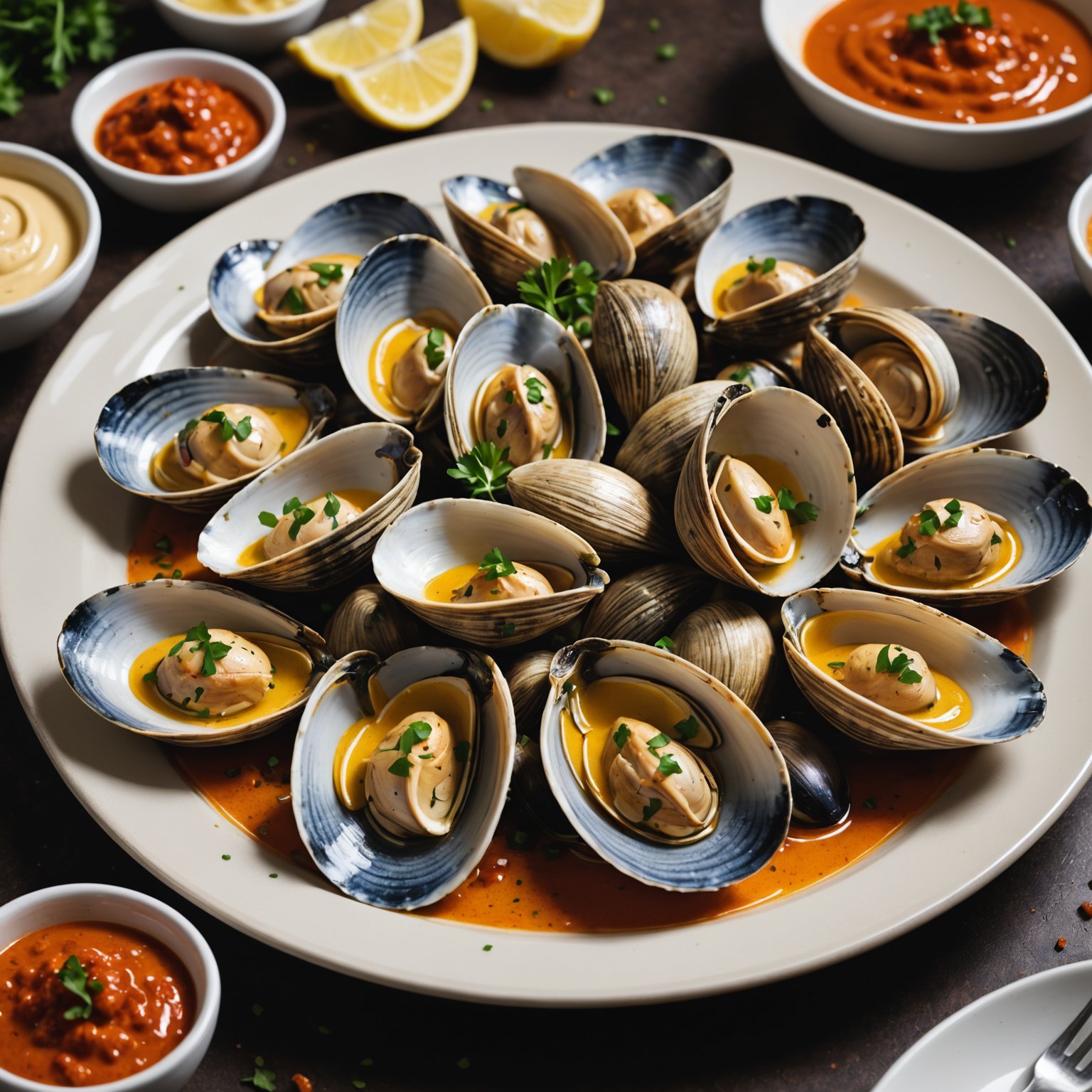 Dampede blåskjell med miso-aioli og harissa