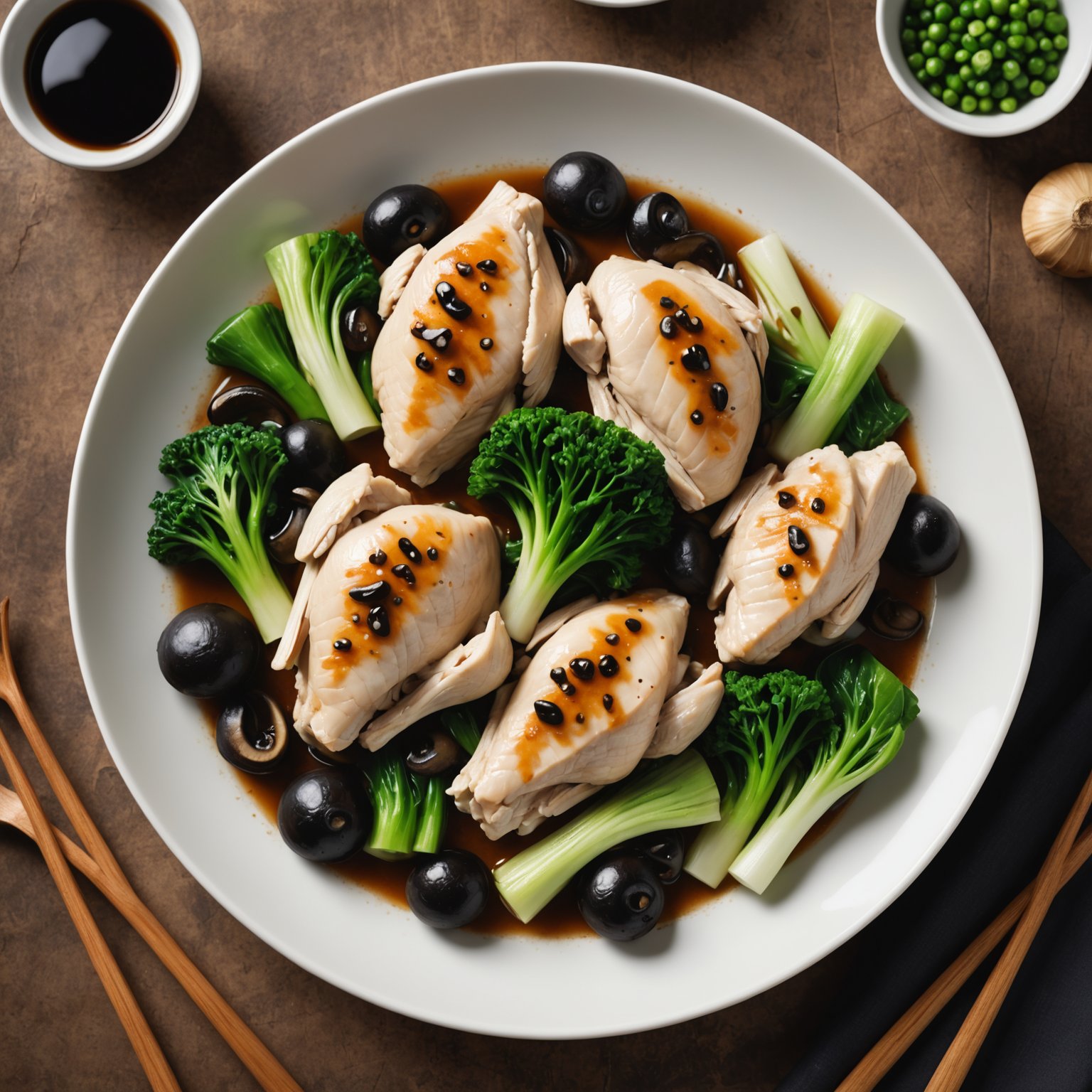 Dampet kylling med svarte sopp og bok choy