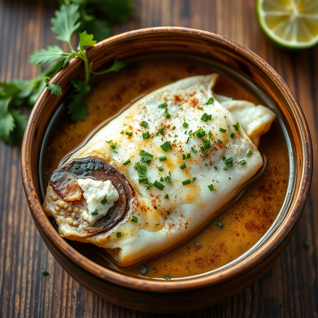Dampet sjøbass i varm øl med ingefær og lime-saus