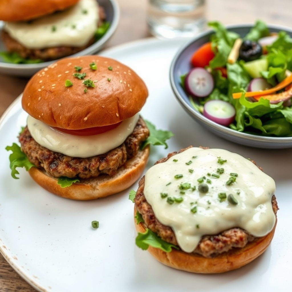 Danske burgere med urtesaus av kapers og en moderne salat
