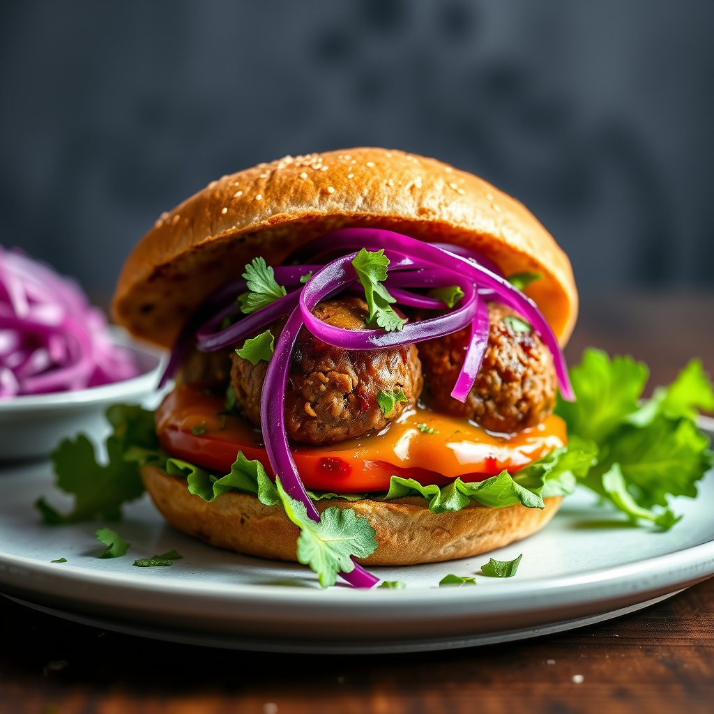 Danske kjøttboller med burgerbrød og syltet rødkål