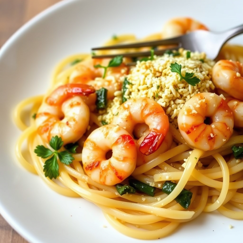 Deilige scampi-linguine med hvitløk og sitron