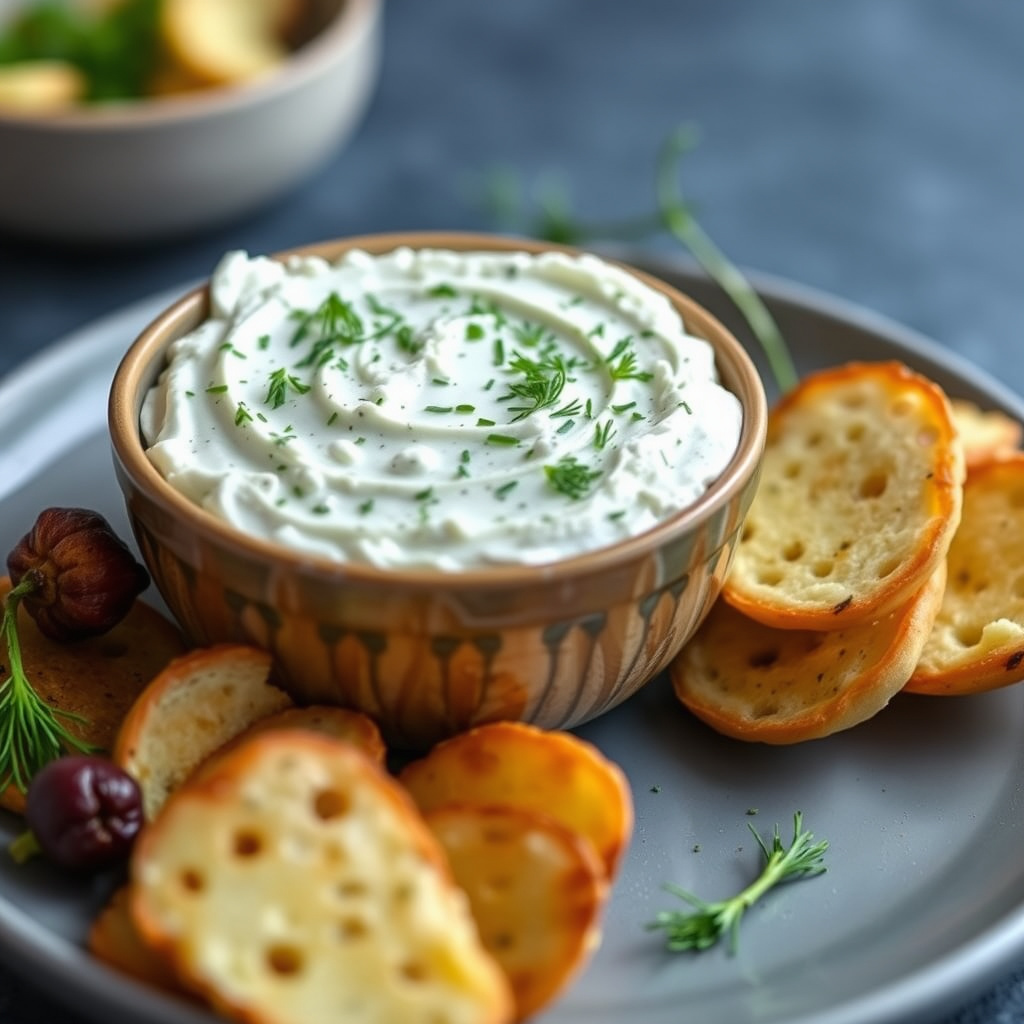 Dill-, feta- og hvitløkskremostspredning