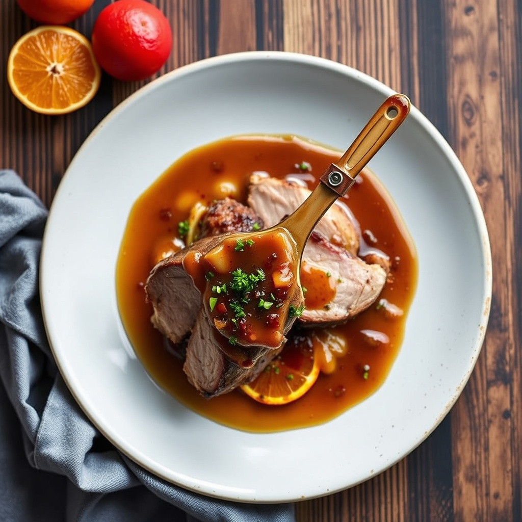 Dobbel porsjon svinekjøtt med brent appelsin-karamellsaus i pannen