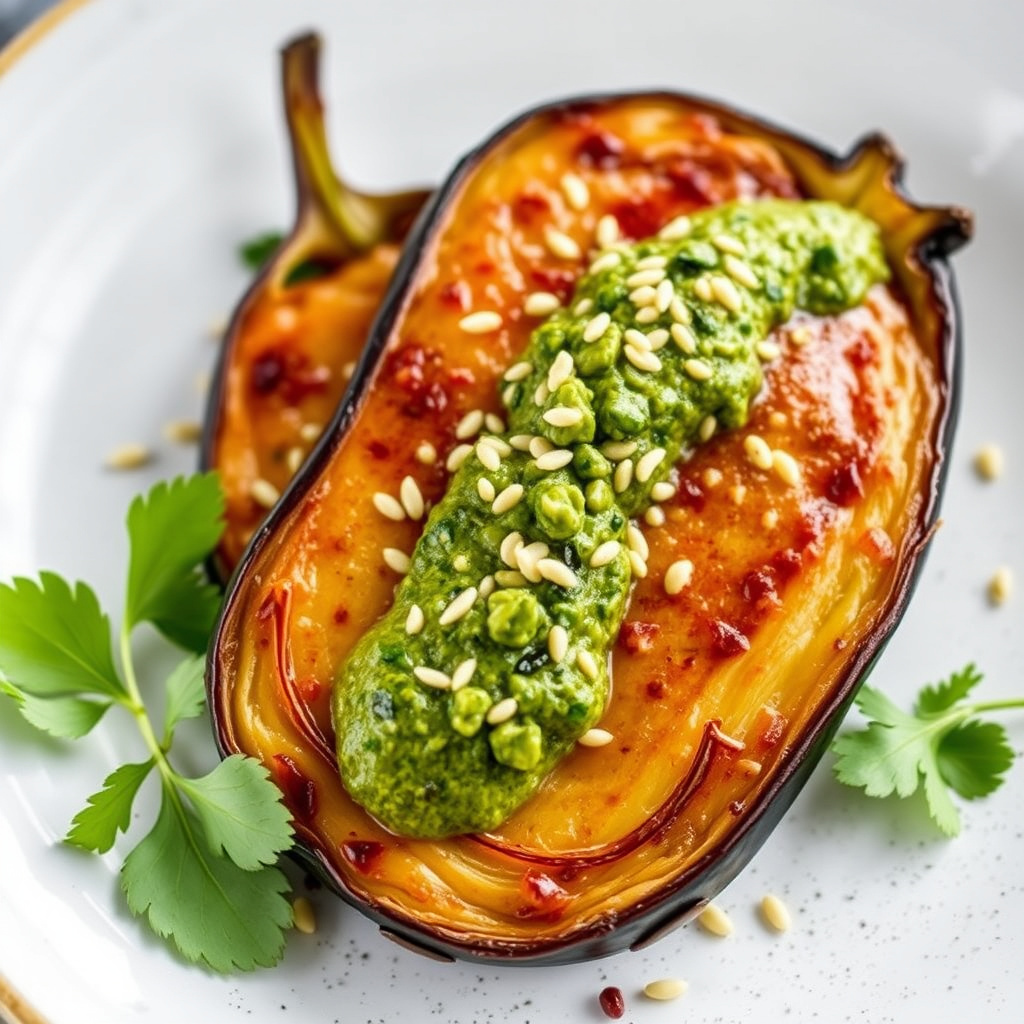 Dobbeltkokt aubergine med koriander- og sesampesto