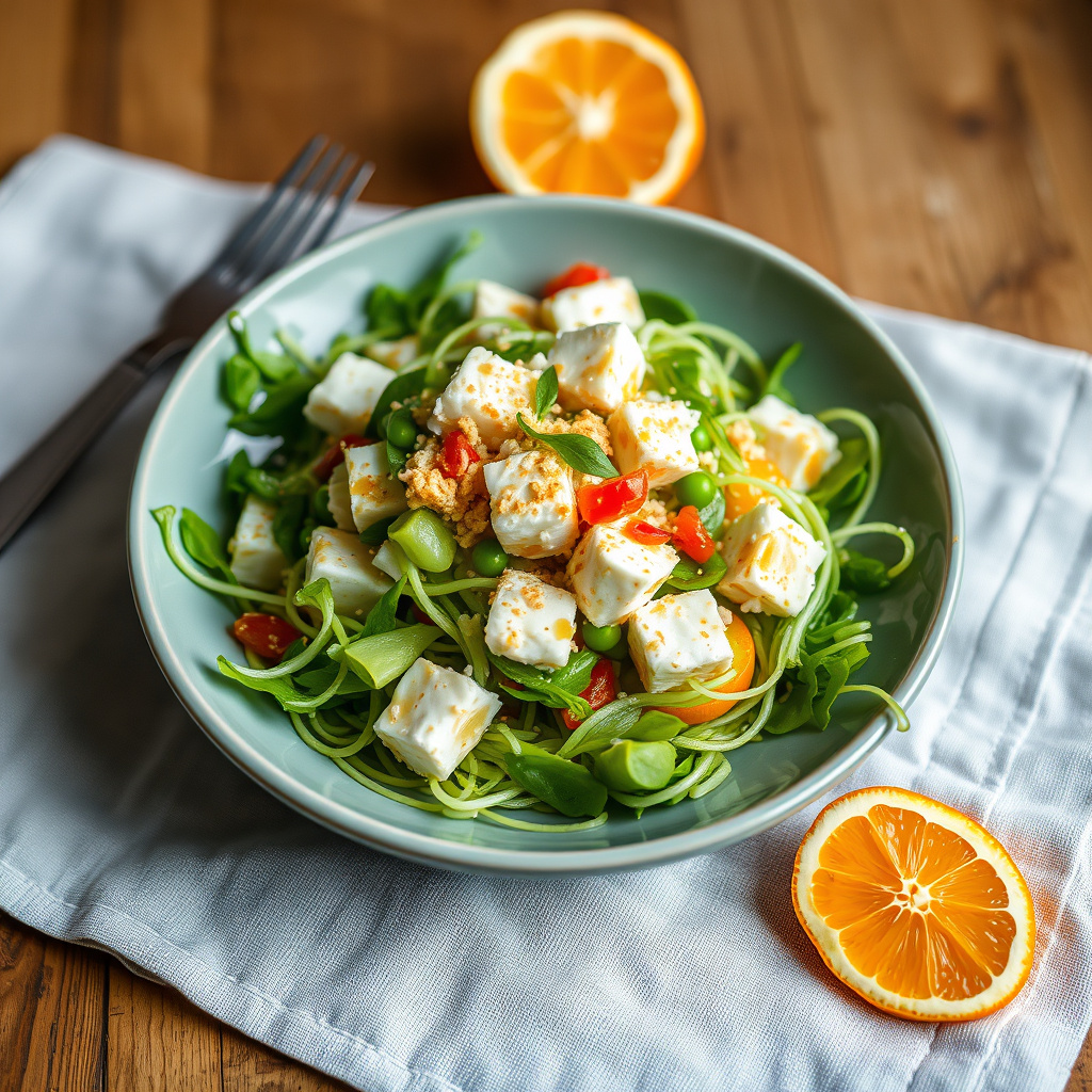 Dungenesskrabbesalat med søt ertebånd og appelsindressing