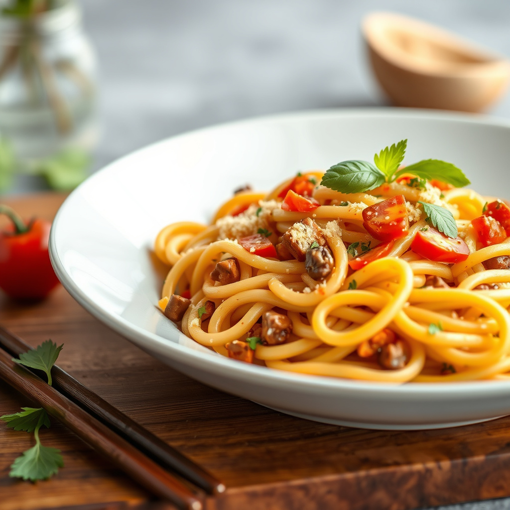 Dyrepasta med grønnsaker og dressing