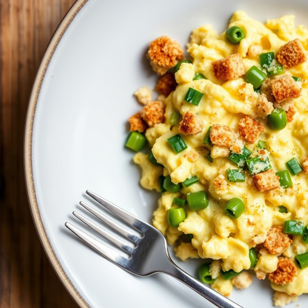 Eggerøre med purre, favabønner, sprø brødsmuler og parmesan