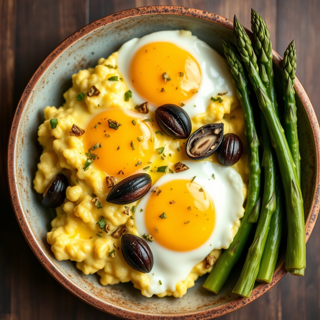 Eggerøre med ramsløk, morkler og asparges