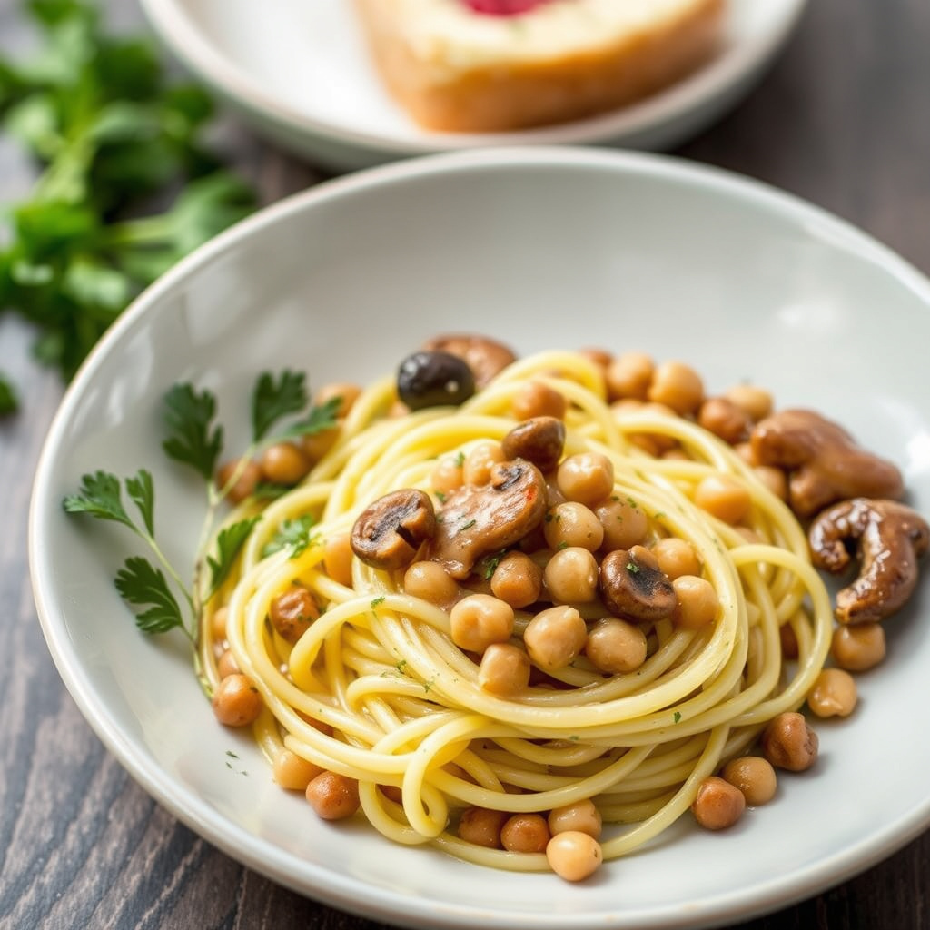 Eggnudler med morellsopper og kikerter