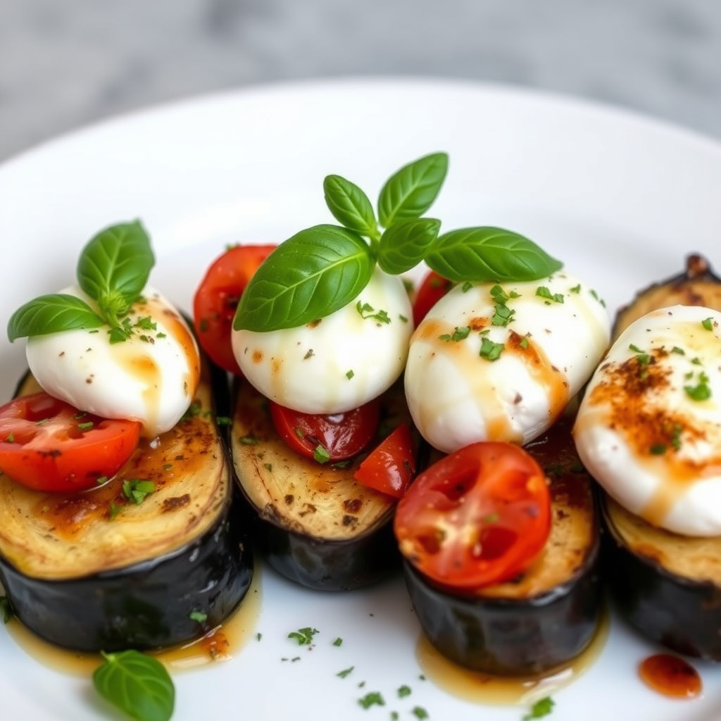 Aubergine Caprese med grillede tomater og basilikumvinaigrette