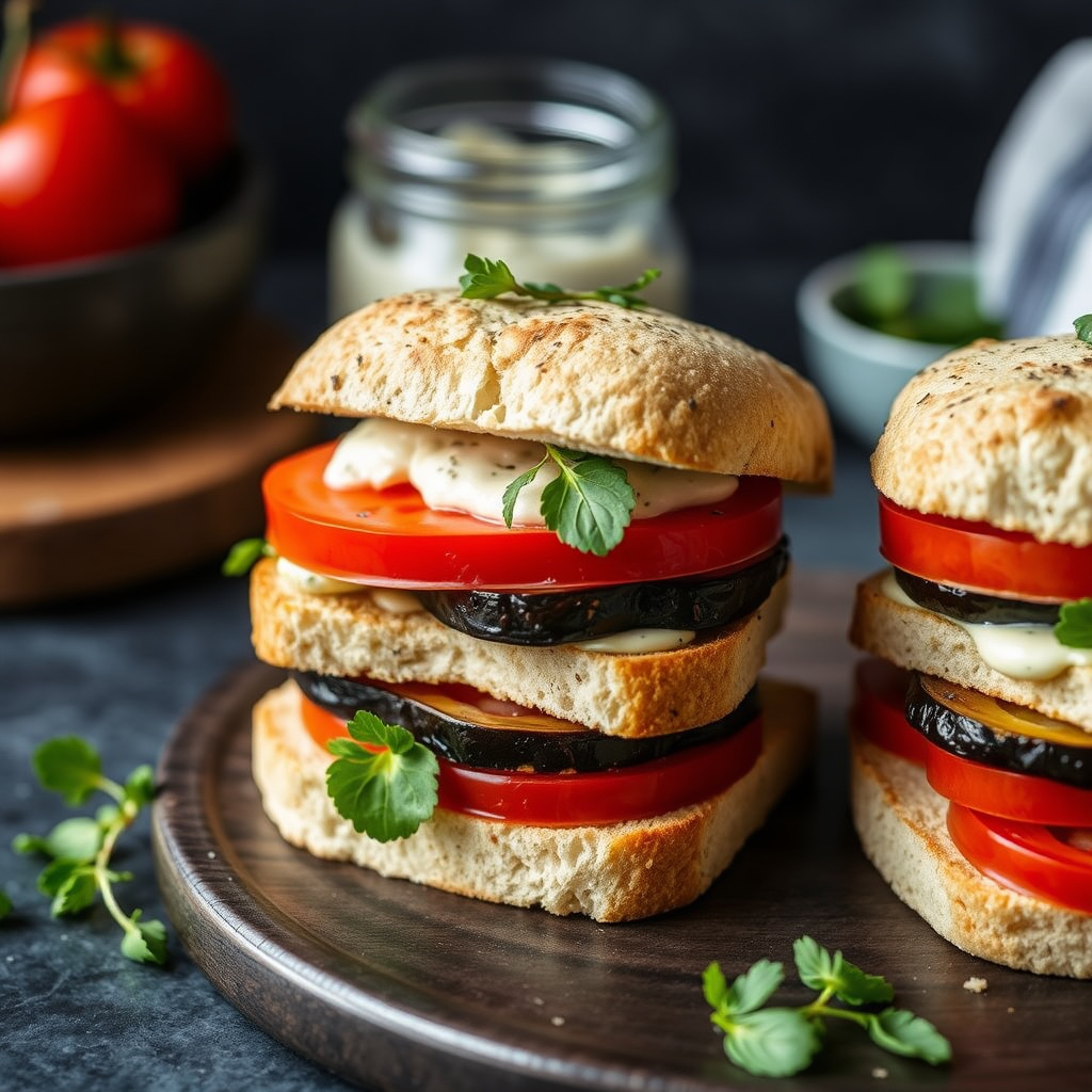 Eggplant- og tomatsandwich med hvitløk- og timianmajones
