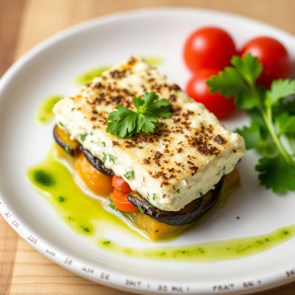 Eggplant, ovnsbakt paprika og geitostterrine med persillesaus