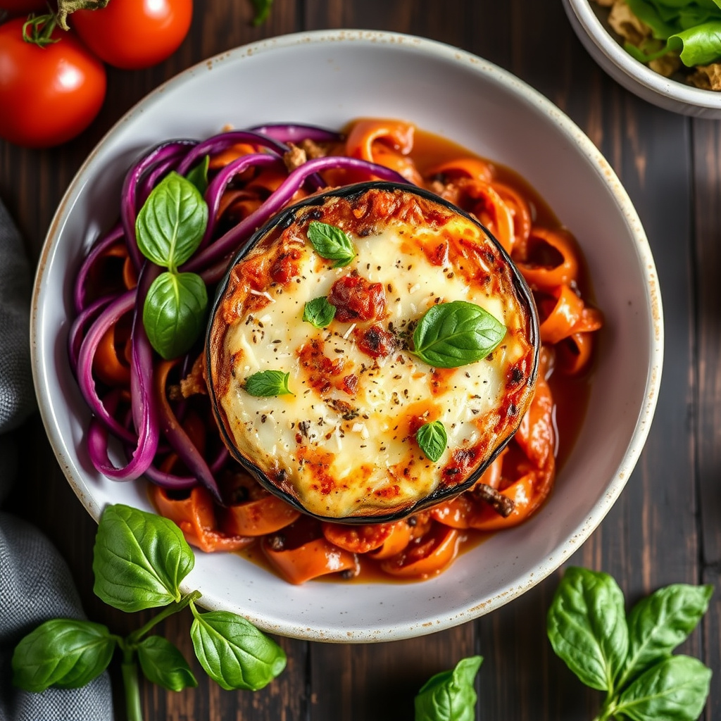 Aubergine Timbale med pasta og kjøttsaus
