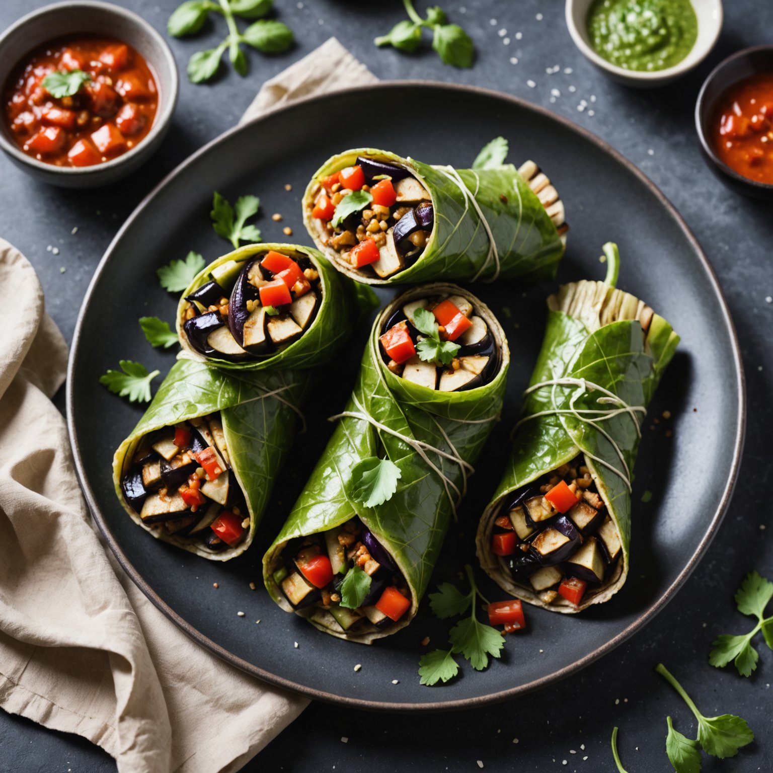 Aubergine-wraps med spinat og soltørket tomat