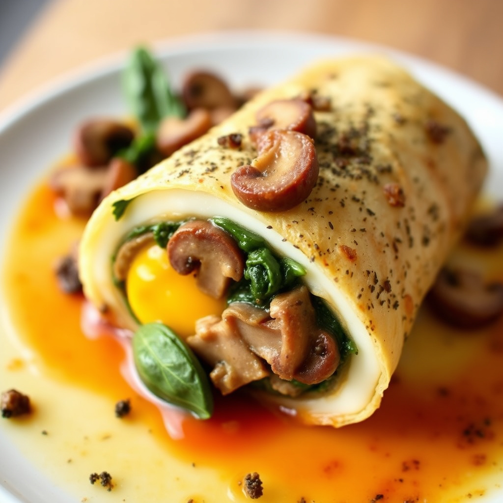 Eggroulade fylt med kalkunpølse, sopp og spinat