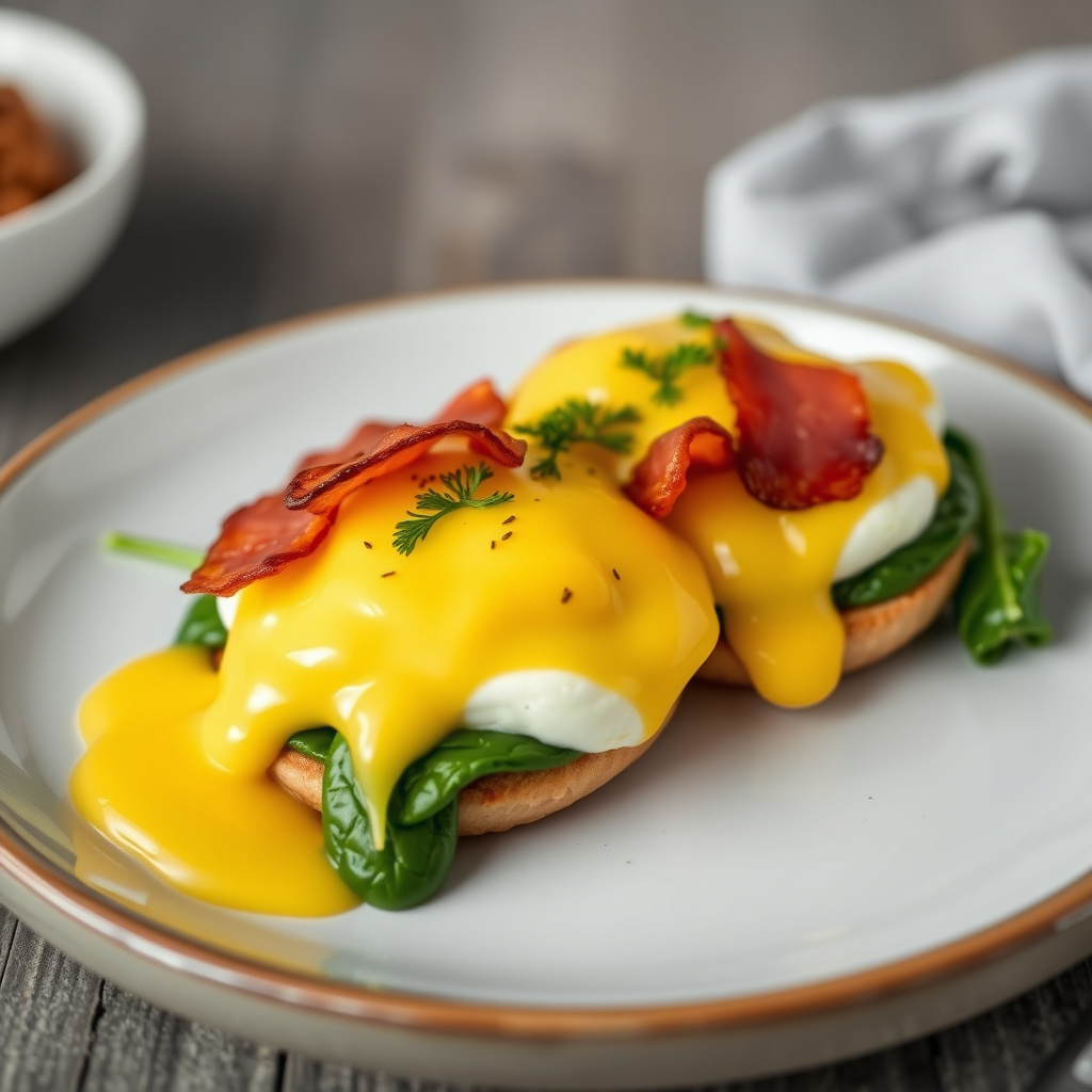 Eggs Benedict med canadisk bacon og spinat