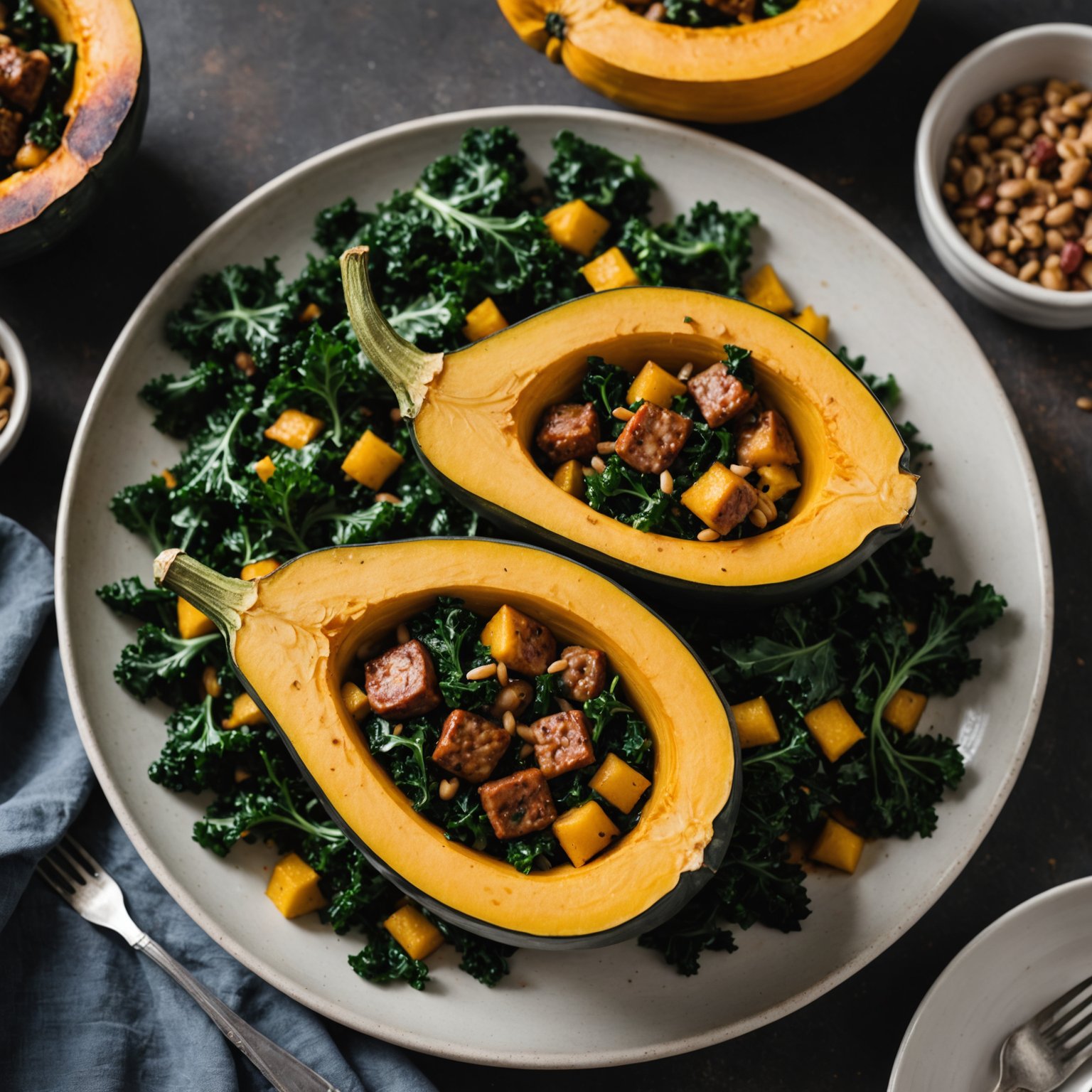 Fylt eikenøttgresskar med grønnkål og pølse