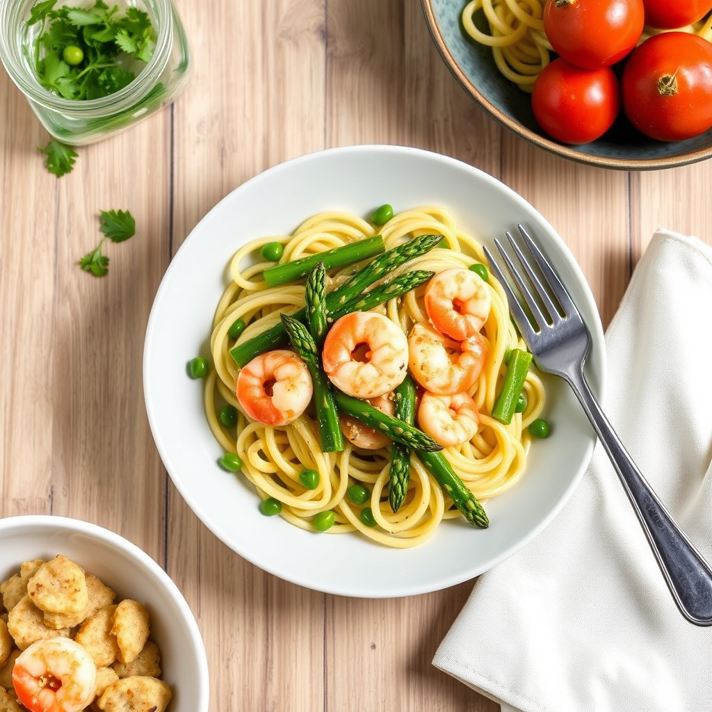 Penne med asparges og reker i hvitvinssaus