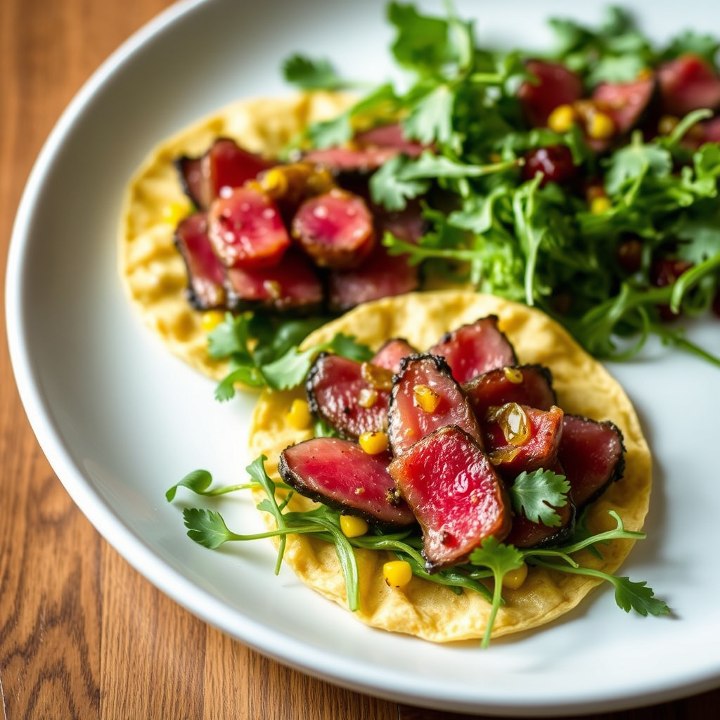 Elk carpaccio med grillede mais-tortillas og ruccola med sitronvinaigrette