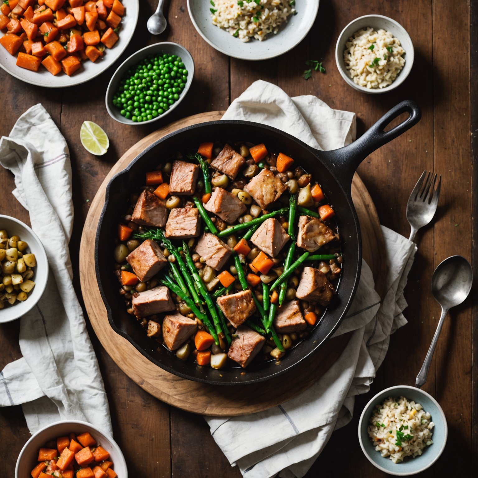 En enkelt panne med svinekjøttmiddag