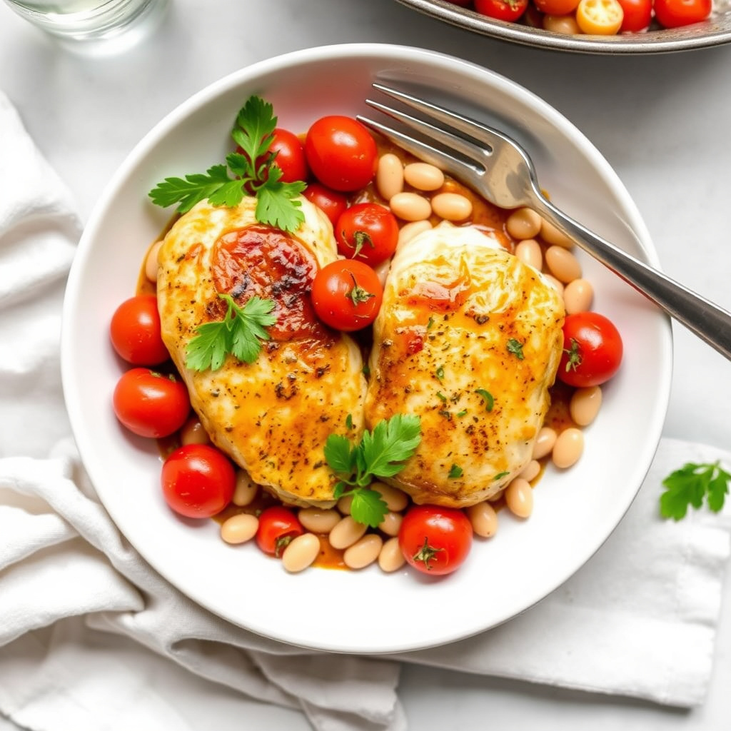 Kyllingbryst med cherrytomater og hvite bønner i én panne