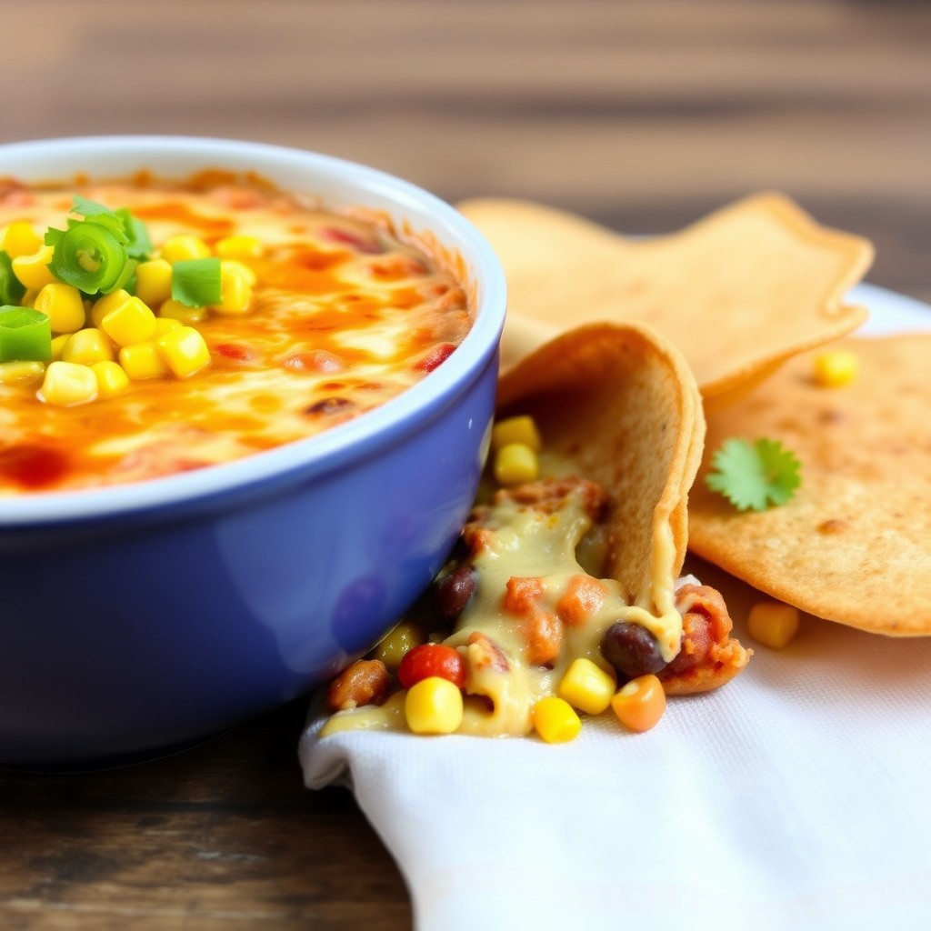 Enchilada-bønnedip med mais og kjøttdeig