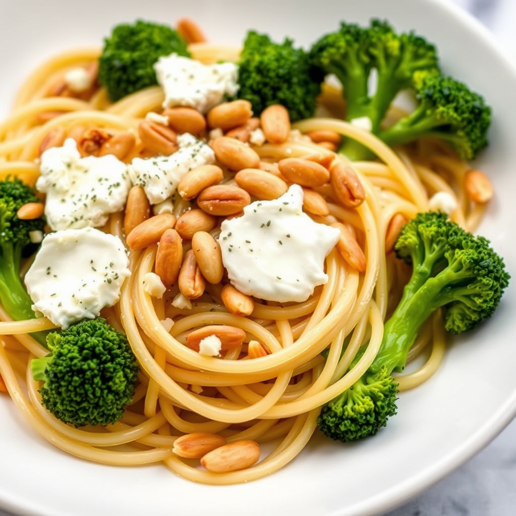 Englehårpasta med geitost, brokkoli og ristet pinjekjerner