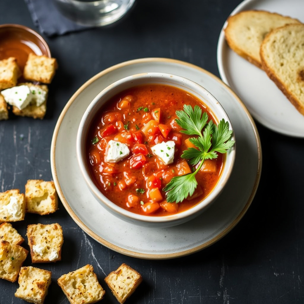 Enkel gazpacho og geitostcroutoner