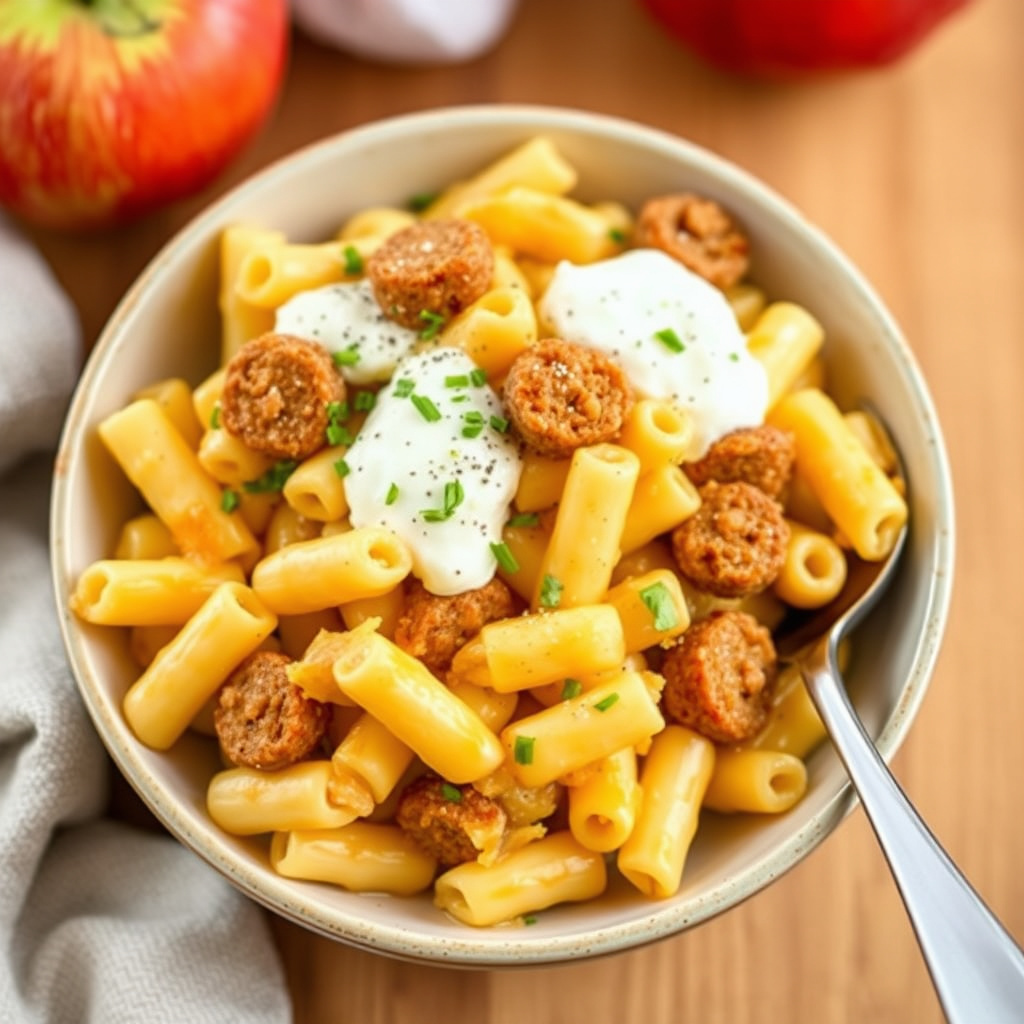 Eple- og pølselasagne med makaroni og ost