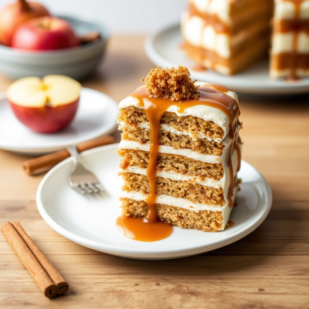 Eplekanellagkake med klissete karamellsaus