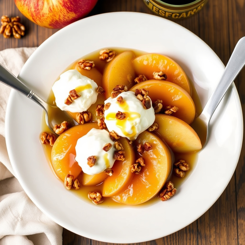 Posjerte epler i cider med kandiserte valnøtter og romkrem