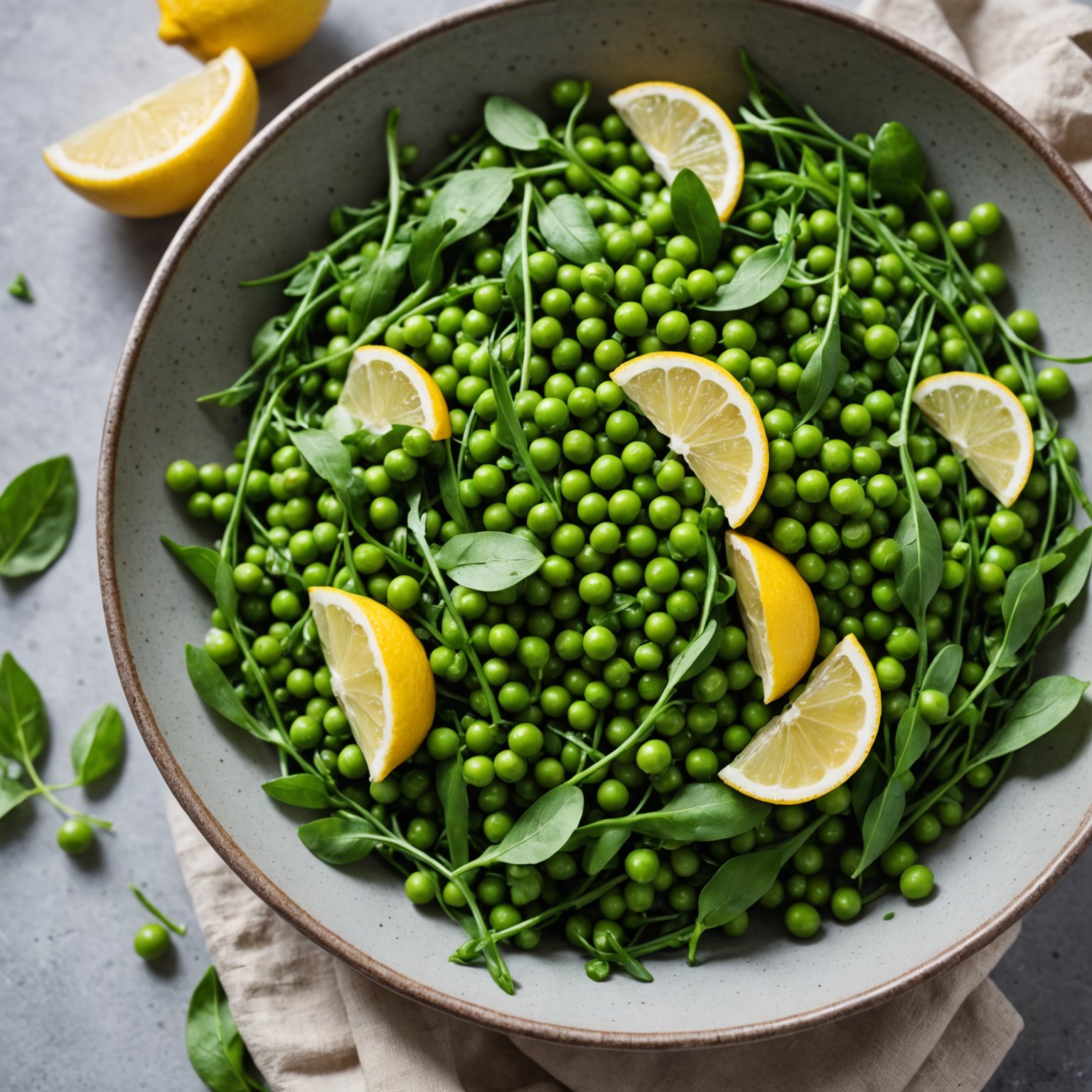 Erter og erteblader med sitronvinaigrette