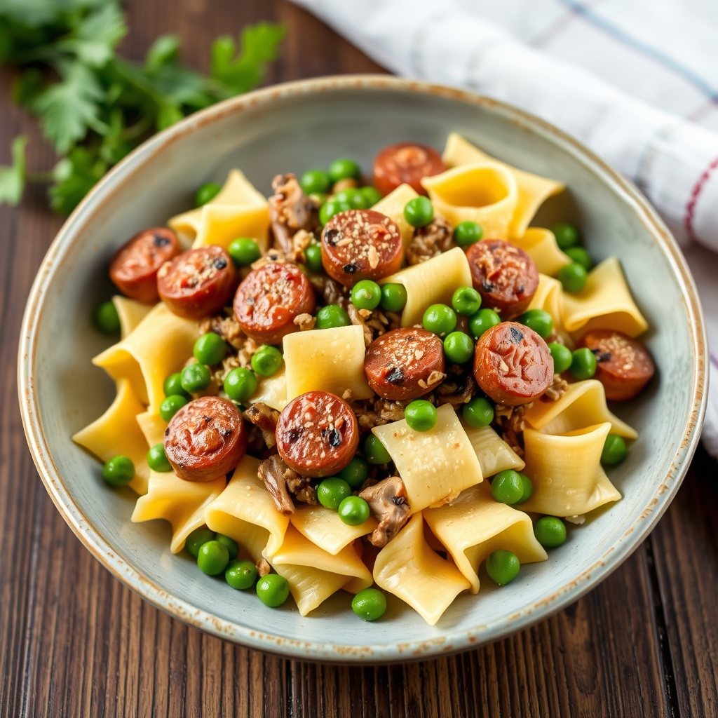 Farfalle med kalkunpølse, erter og sopp