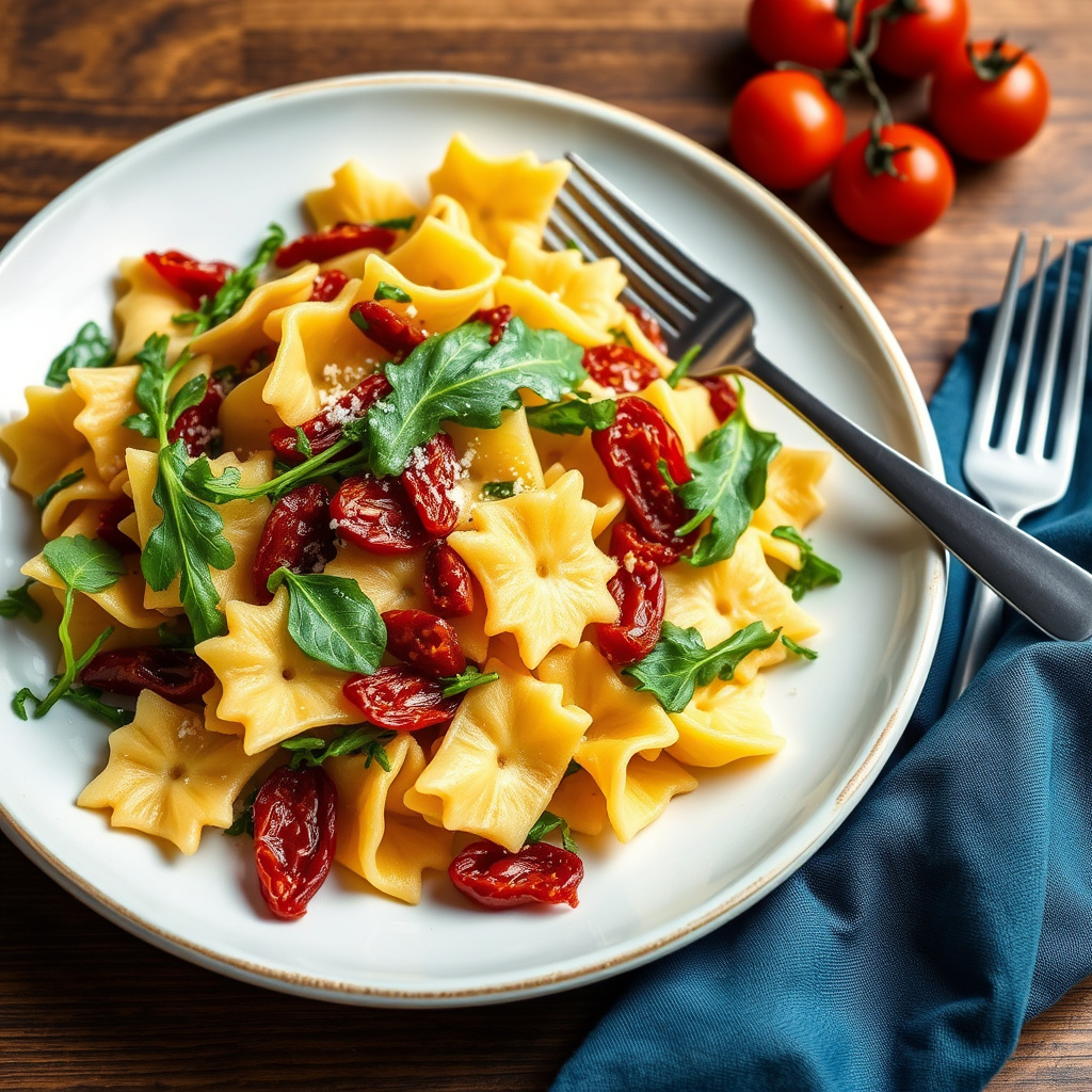 Farfalle med soltørkede tomater og ruccola