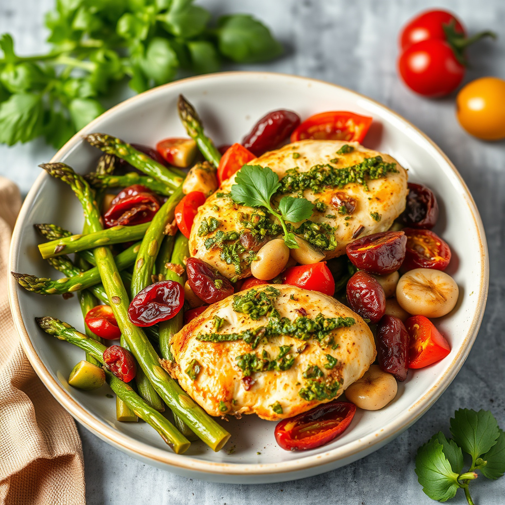 Fargerik kyllingpesto med asparges, soltørkede tomater og paprika