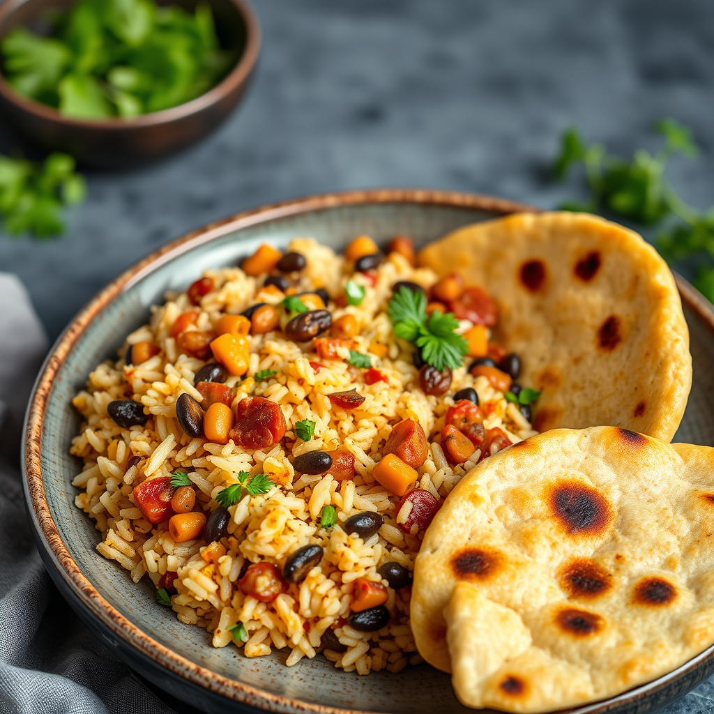 Fastlåst gryte med ris og linser, servert med pitabrødskorpe