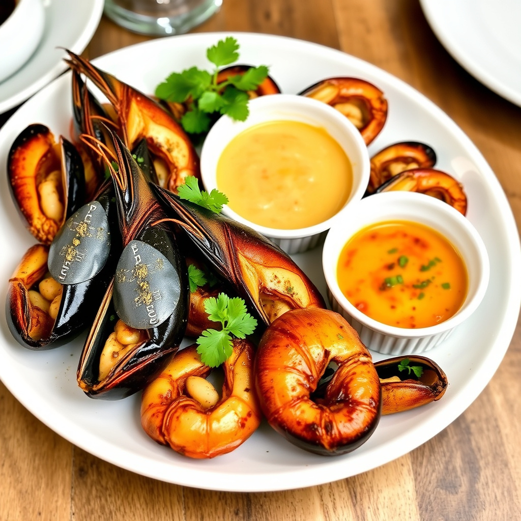 Fat med ovnsbakt skalldyr med trio av sauser