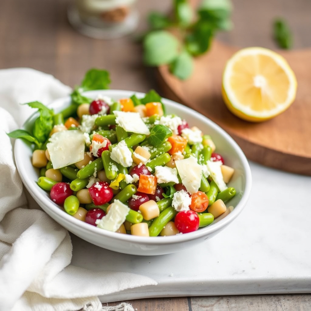 Favasalat med sitronvinaigrette og skivet Manchego-ost