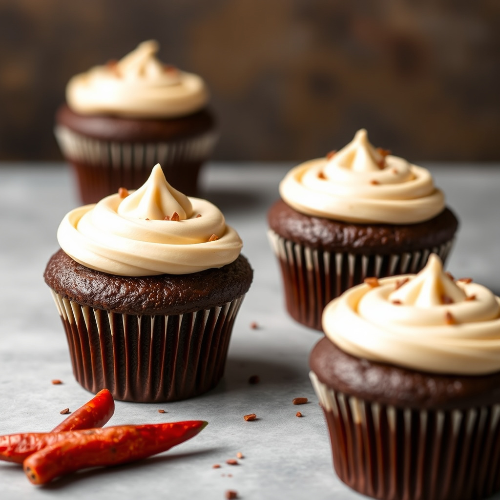 Fem chili-sjokoladekaker i muffinsform med chili-cream cheese-frosting