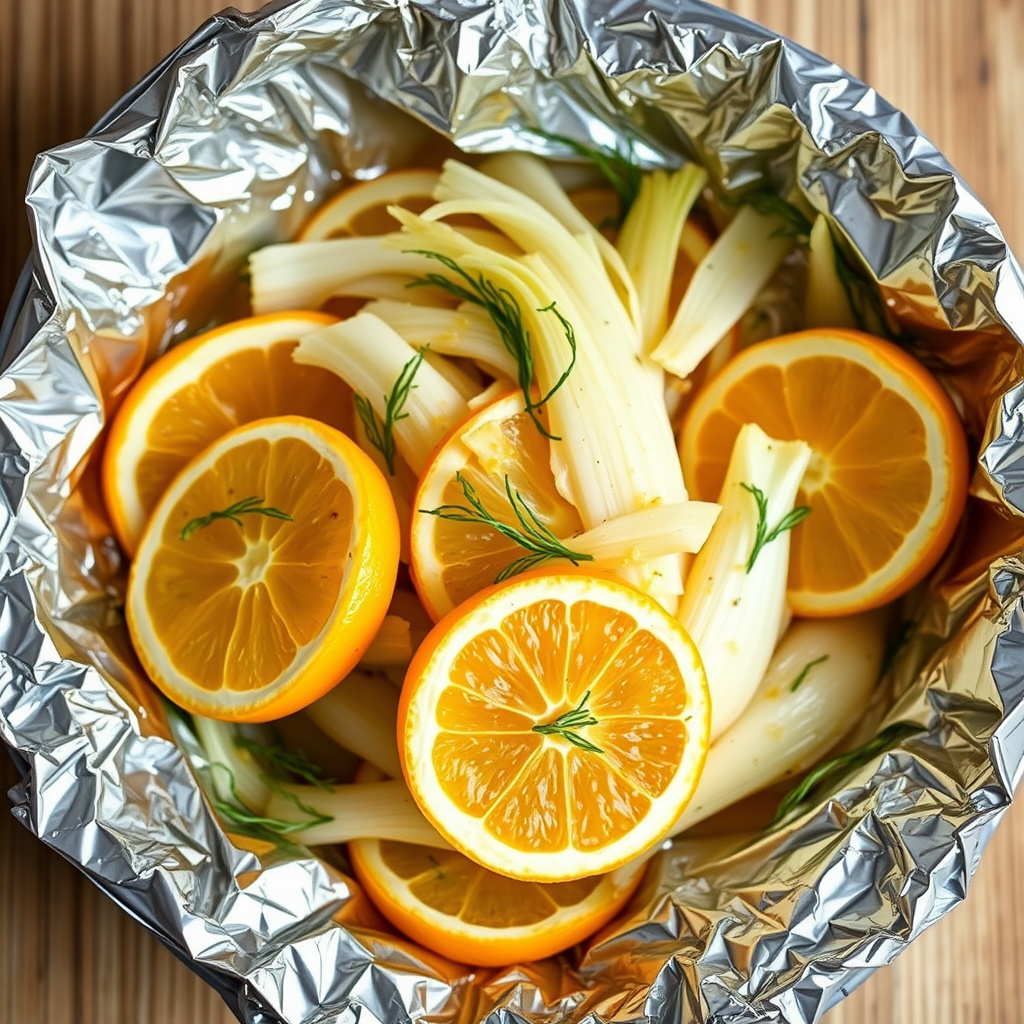 Dampet fennikel og appelsin i folie