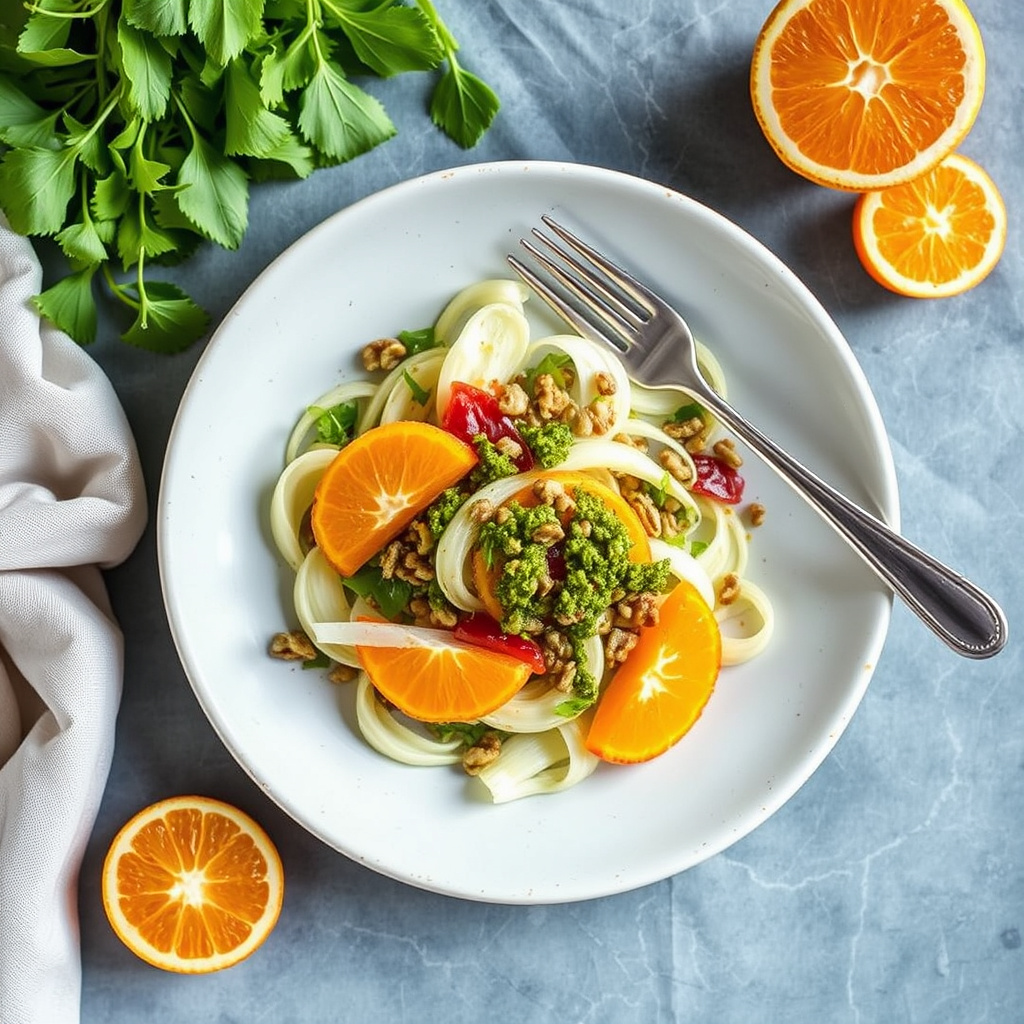 Fennikelsalat og appelsinsalat med valnøttpesto