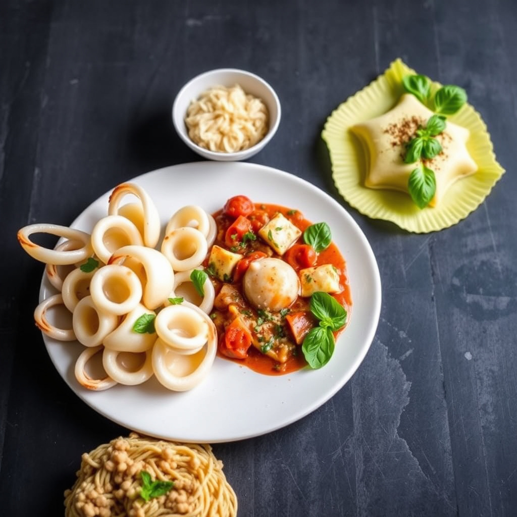 Calamari med Puttanesca og ravioli med skinke