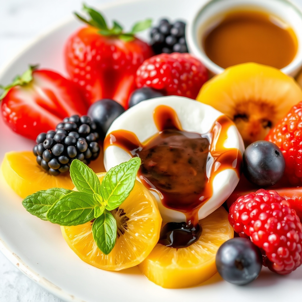 Fersk fruktplass med mørk sjokolade og karamellsaus