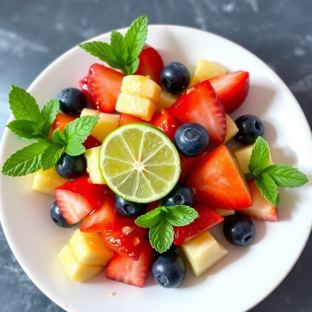 Fersk fruktsalat med honning, mynte og lime-sirup