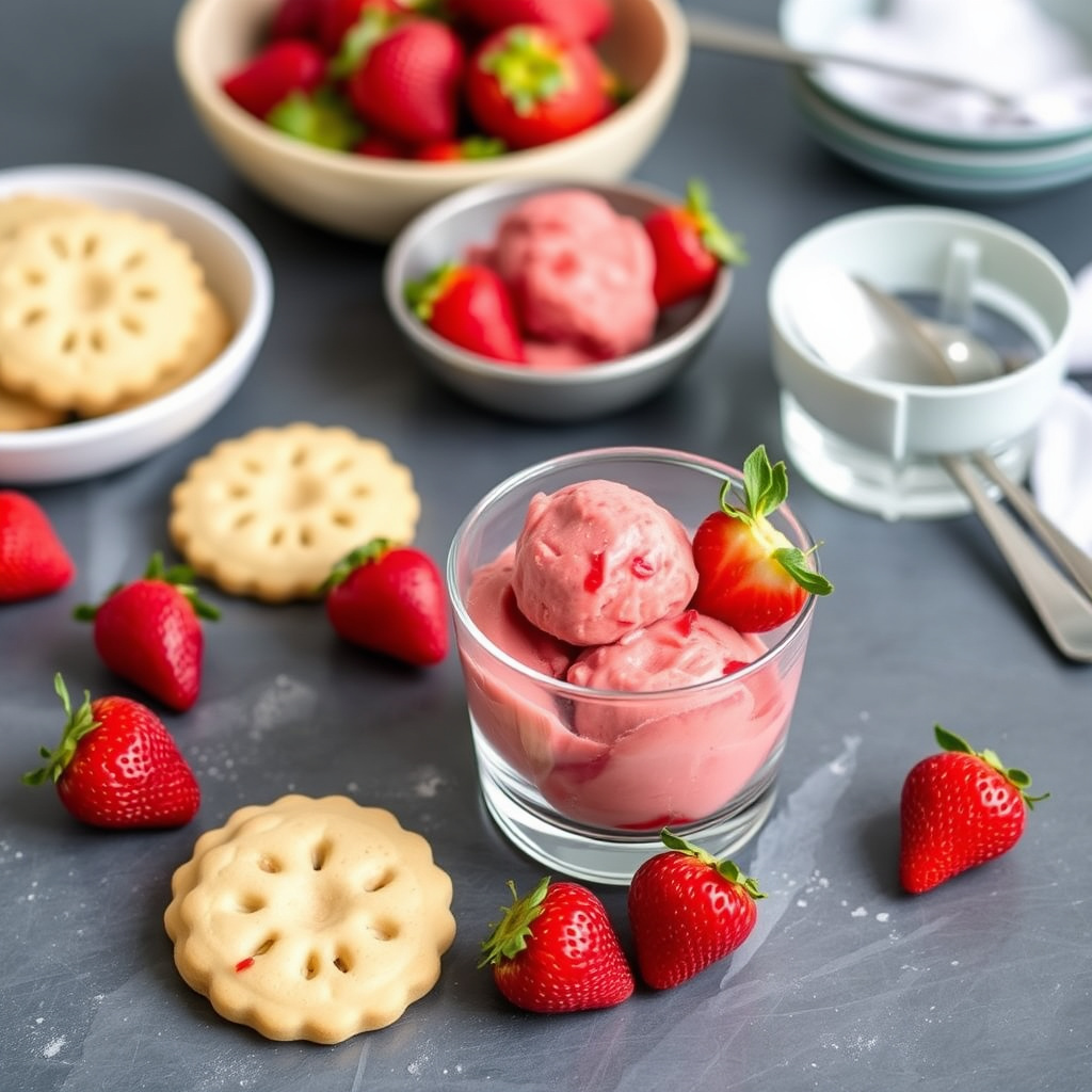 Fersk jordbærsorbet med shortbread-kjeks