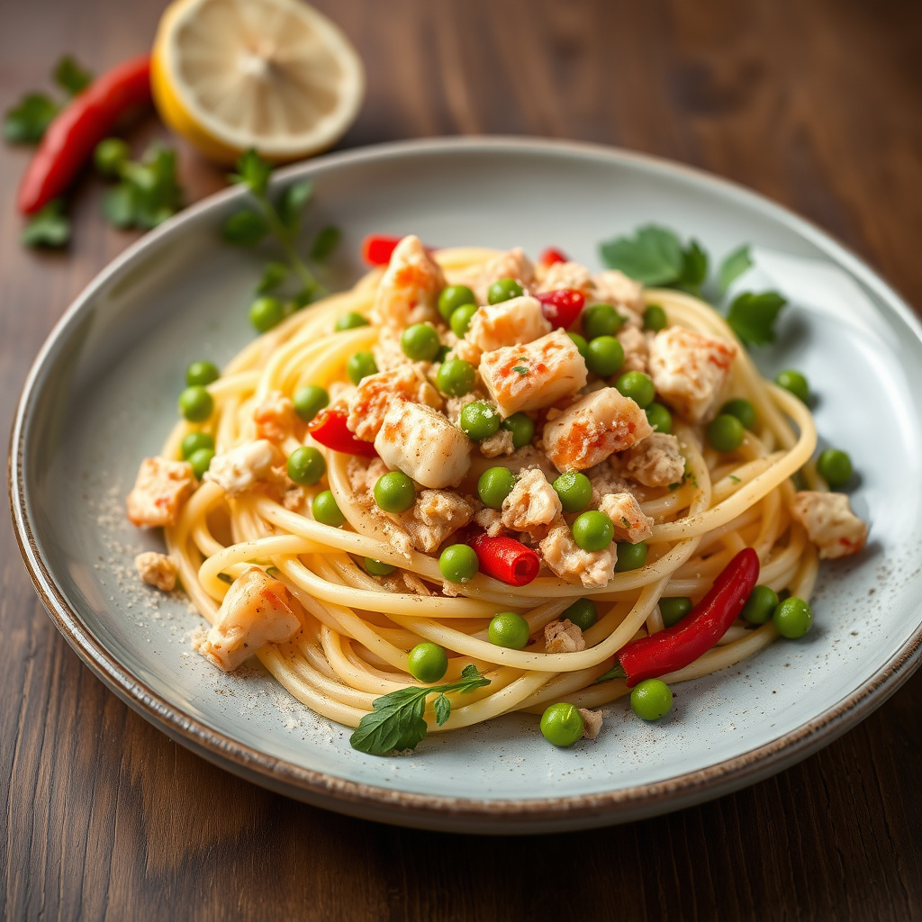 Fersk pasta med krabbekjøtt, erter og chili