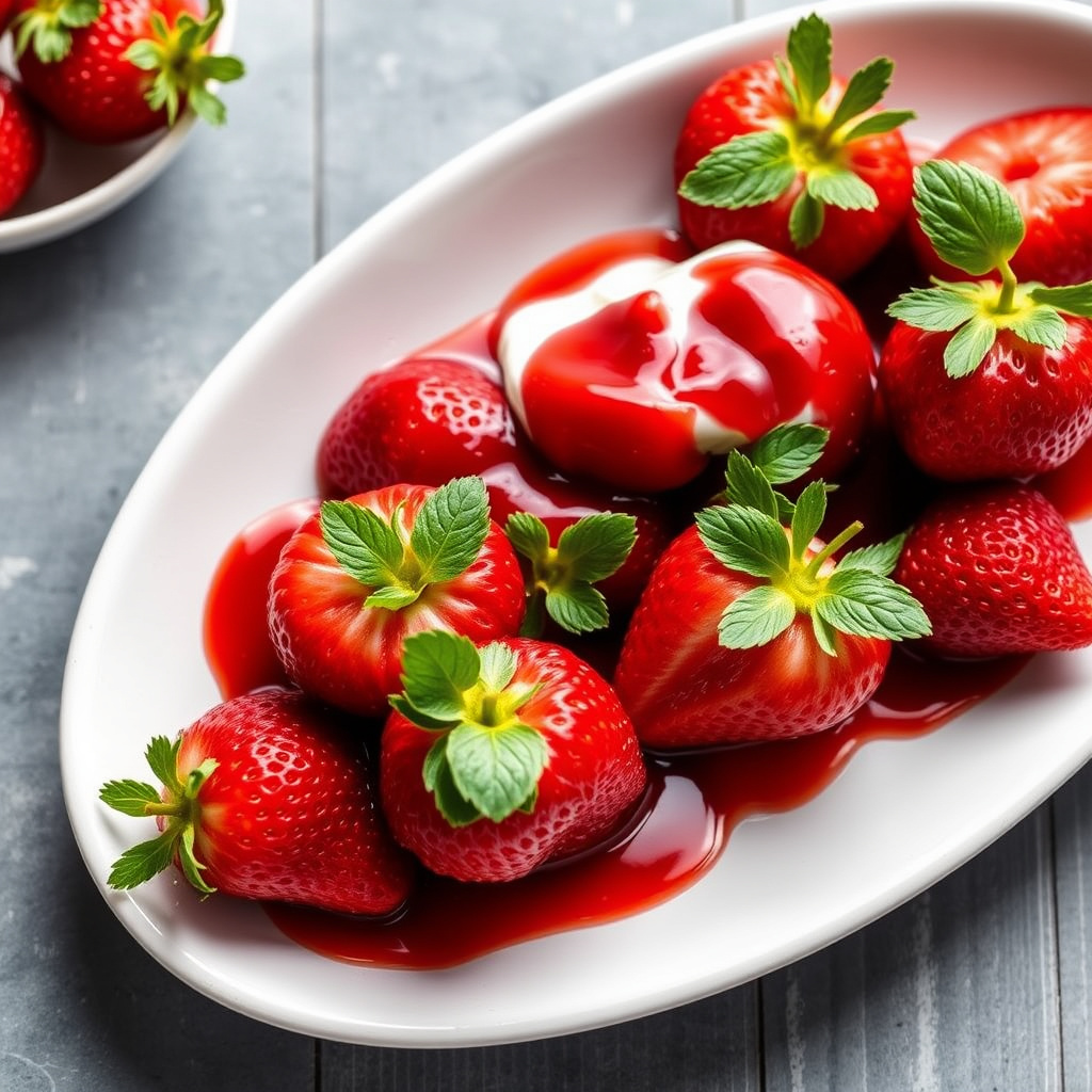 Ferske jordbær med søt, syrlig rømme og rødvinsaus