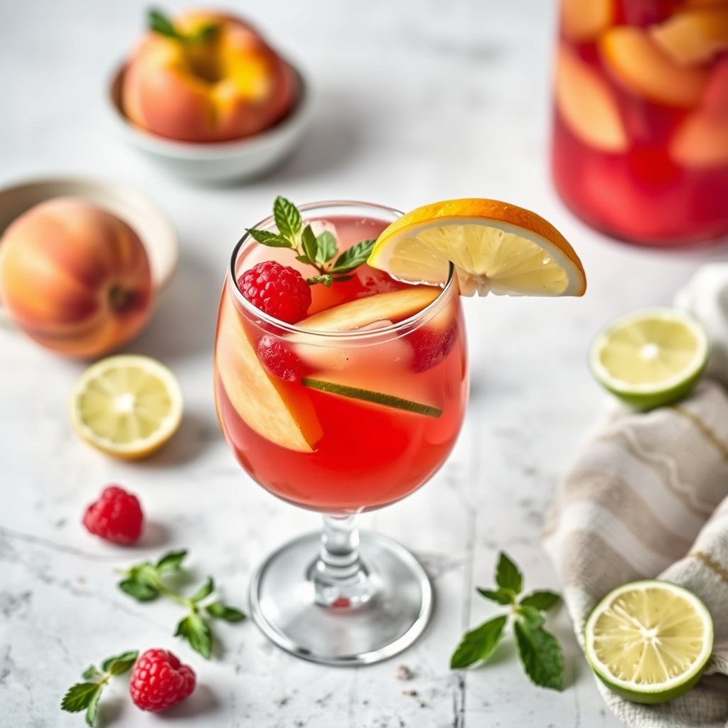 Fersken-, bringebær- og lime-sangria