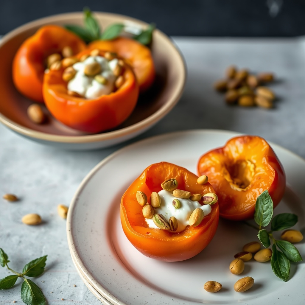 Fersken med gresk yoghurt og pistasj